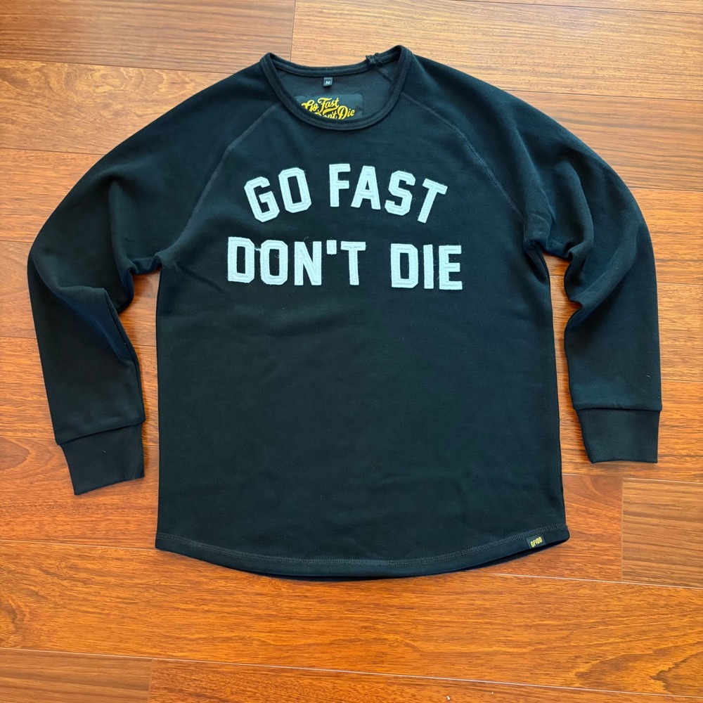 Go Fast Don't Die Vintage Dept Black Thermal Long Sleeve Shirt Mens Medium